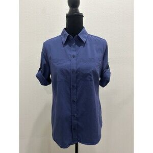 Chicos Sz 0  US S Blue Short Sleeve Button Up Utility Shirt Roll Tab Pocket